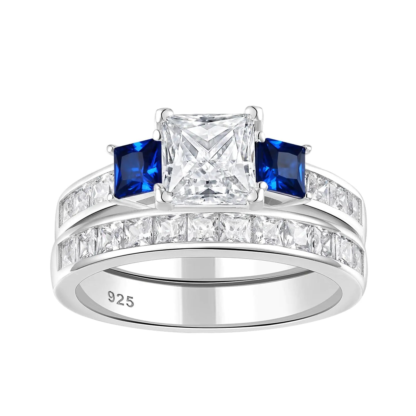 Wuziwen Three Stone Princess Cut Blue Simulated Sapphire and Cubic Zirconia Wedding Bridal Rings Set for Women 925 Sterling Silver Engagement Ring for Her Sz 9