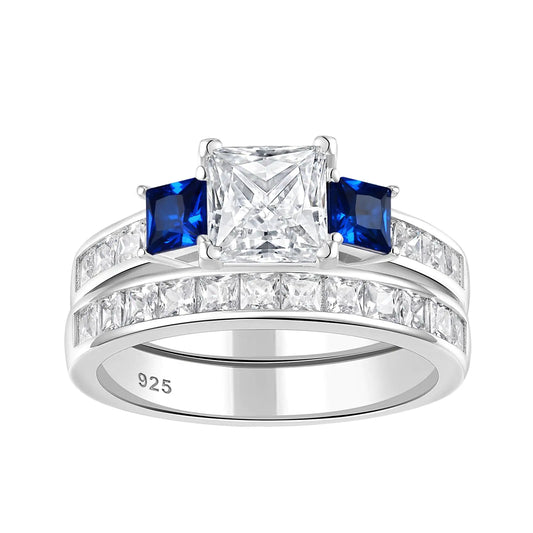 Wuziwen Three Stone Princess Cut Blue Simulated Sapphire and Cubic Zirconia Wedding Bridal Rings Set for Women 925 Sterling Silver Engagement Ring for Her Sz 9