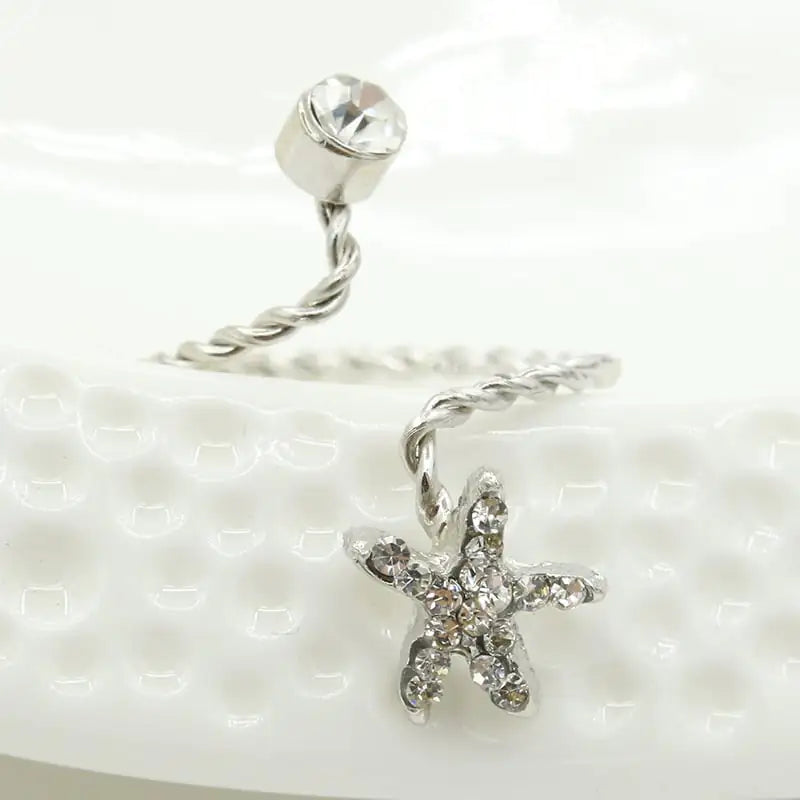Adjustable Rhinestone Starfish Flower Joint Ring